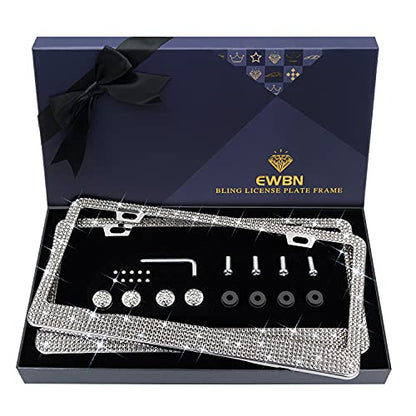 Bling Rhinestone License Plate Frame for Women 2PC，Diamond Sparkly License Plate Frames| Stainless Steel Frames & Over 1200 pcs Finest 14 Facets Black Glass Crystals Premium Diamond+GiftBox(White) - color: White-2PK