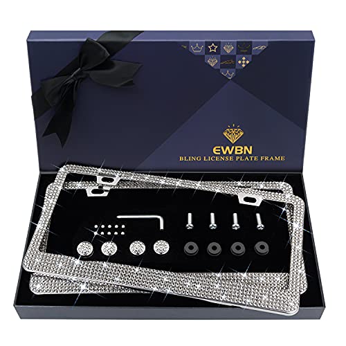 Bling Rhinestone License Plate Frame for Women 2PC，Diamond Sparkly License Plate Frames| Stainless Steel Frames & Over 1200 pcs Finest 14 Facets Black Glass Crystals Premium Diamond+GiftBox(White) - color: White-2PK