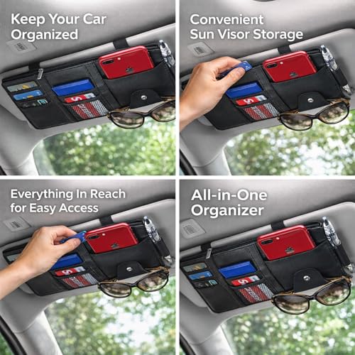 Car Sun Visor Multi-Pocket Organizer — Black (Universal Car/SUV/Truck Storage Pouch) - color: Black