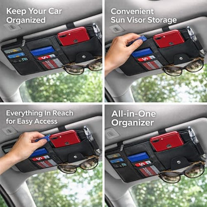 Car Sun Visor Multi-Pocket Organizer — Black (Universal Car/SUV/Truck Storage Pouch) - color: Black