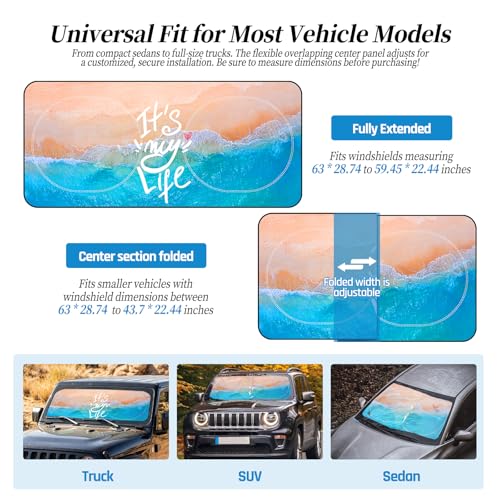 63"x28.5" Car Windshield Sun Shade with Storage Pouch, Stylish Printed Front Window Sunshade with Double Ring Frame, Universal Fit Foldable Heat Blocker & UV Protector for SUV, Sedan (Beach) - color: Beach