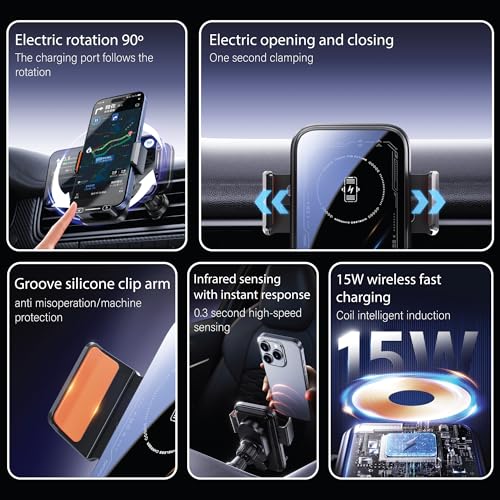15W Wireless Car Charger & Auto Rotating Car Phone Holder MagSafe Compatible with LED Lights, Gesture Control Clamping, Auto Arm Opening, Built-In Battery, Dual Mount Options for Vent or Dashboard