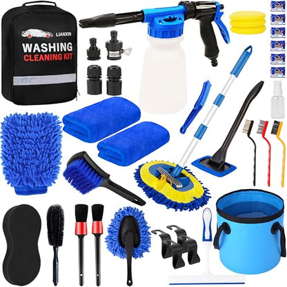 LIANXIN 37Pcs Car Wash Detailing Kit Foam Gun Sprayer Long Handle Foldable Car Wash Brush Bucket Towels Tire Brush Wash Mitt Sponge Duster Brush Car Wash Kit is Complete Car Care Tools - size: Xxl-25
