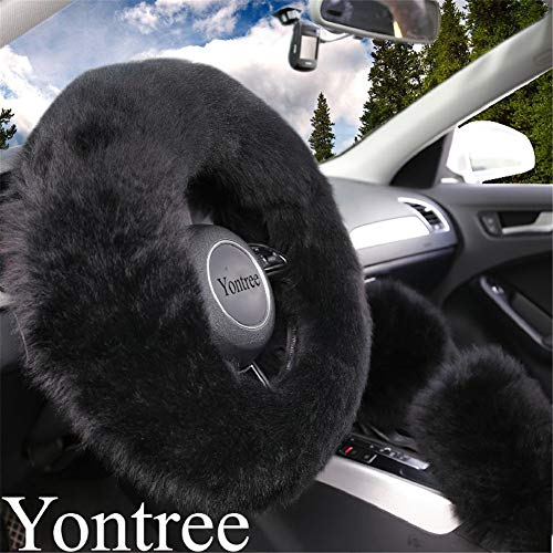Yontree Fashion Fluffy Steering Wheel Covers for Women/Girls/Ladies/Men Australia Pure Wool Universal 15 Inch 1 Set 3 Pcs (Black) - color: Black, size: Long Wool