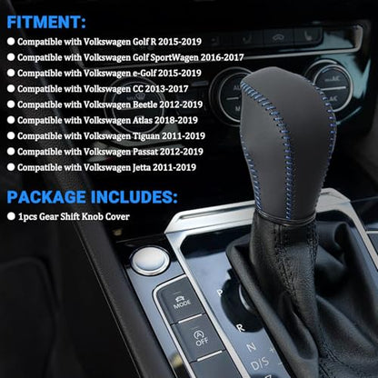 Leather Gear Shift Knob Cover Compatible with Volkswagen Atlas丨 Beetle丨 Golf丨 Passat丨 Jetta 丨 Tiguan 2011-2021 Black Leather with Blue Stitches Shifter Knob Cover - Black&Blue - color: Blue&Black