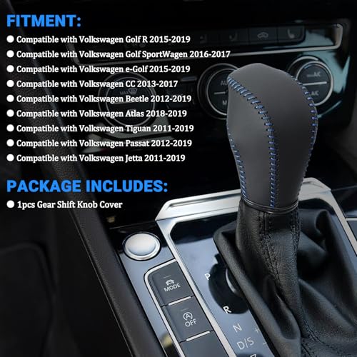 Leather Gear Shift Knob Cover Compatible with Volkswagen Atlas丨 Beetle丨 Golf丨 Passat丨 Jetta 丨 Tiguan 2011-2021 Black Leather with Blue Stitches Shifter Knob Cover - Black&Blue - color: Blue&Black