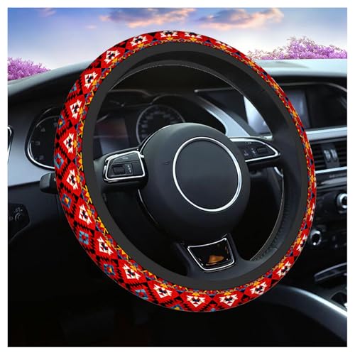 Swono Geometric Red Universal 15" Steering Wheel Covers Traditional Ethnic Tribal Colorful Geometric Pattern Cute Car Steering Wheel Cover for Men Women Girls Car Accessories - color: multi-048