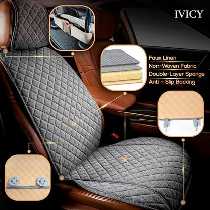 IVICY Faux Linen Front Car Seat Cover – Durable, Non-Slip Seat Protector for Cars – 1 Unit, Cool Gray - color: GRAY HYB LN