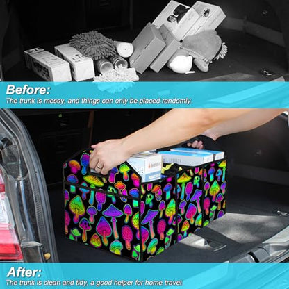 Trippy Mushroom Pattern SUV Car Trunk Organizer Accessories 50L Collapsible Car Storage Bag 3 Compartment Caddy Waterproof Foldable - color: Trippy mushroom Pattern