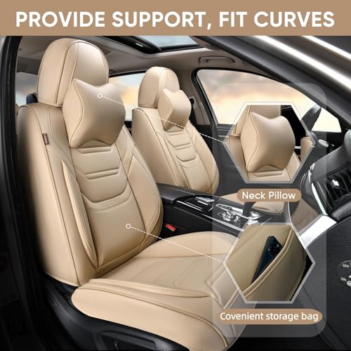 TIEHESYT Beige Car Seat Covers Full Set, Breathable Leather Automotive Front and Rear Seat Covers & Headrest, Automotive Seat Cover, Compatible with Most Cars Sedans SUV Pickup Trucks - color: Faddish Beige, size: Front Pair and Rear