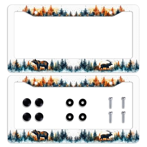 Hunting Deer Bear Car Front License Plate Frame Watercolor Beautiful Forest Personalise License Plate Frames Stainless Steel Metal Car Plates Tag Funny Decor Men Women 12.2"x6.2" - color: Hunting Deer Bear