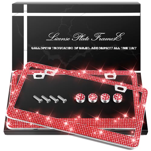 QUANQIUFEI 2 Pack Bling License Plate Frames, Sparkly Rhinestone Diamond Car License Plate Cover for Women, Stainless Steel Car Accessories with Glitter Crystal Caps (Light Siam) - color: Light Siam