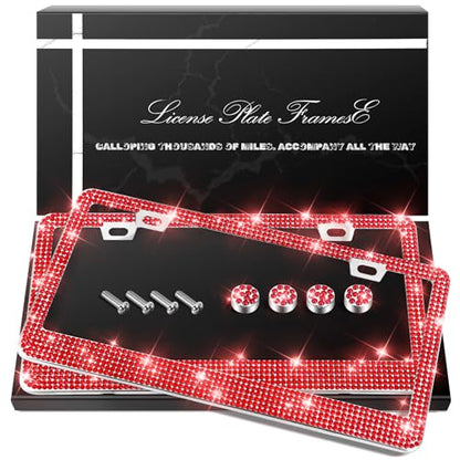 QUANQIUFEI 2 Pack Bling License Plate Frames, Sparkly Rhinestone Diamond Car License Plate Cover for Women, Stainless Steel Car Accessories with Glitter Crystal Caps (Light Siam) - color: Light Siam