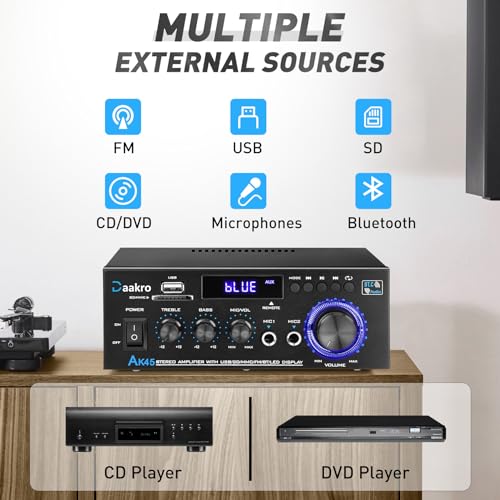 Daakro AK45 Stereo Audio Amplifier,300W Home 2 Channel Wireless Bluetooth 5.0 Power Amplifier System, Home Amplifiers FM Radio, USB, SD Card, with Remote Control Home Theater Audio Stereo System