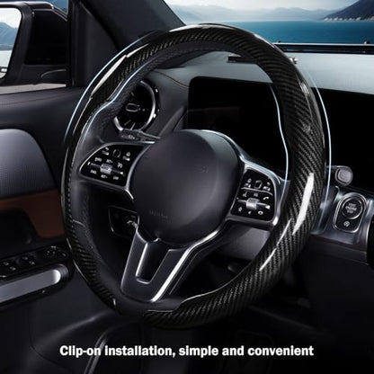 Car Steering Wheel Cover Carbon Fiber Snap On Steering Wheel Accessories Wrap 14.5-15 inch Universal Grip Anti-Skid Protector, Glossy Black - color: A Glossy Black