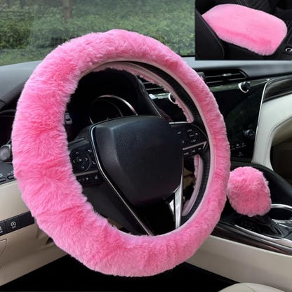Furry Car Steering Wheel Cover with Fluffy Gear Shift Cover and Center Console Cover, Soft Warm Plush Non-Slip, 14 1/2-15 inch, for Women Girls 3 PCS Set, Pink - color: 3 pcs set - pink