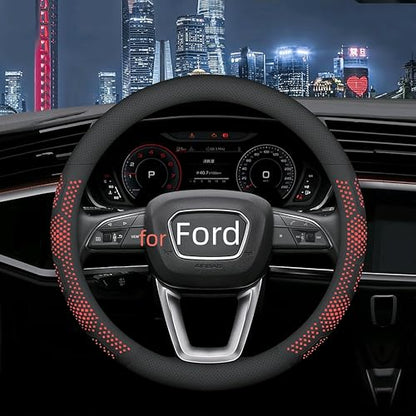 Yangday Leather Steering Wheel Cover for Ford F150 F250 F350, 15.5-16 inches Car Steering Wheel Cover with Non-Slip Breathable (Red) - color: Red-2