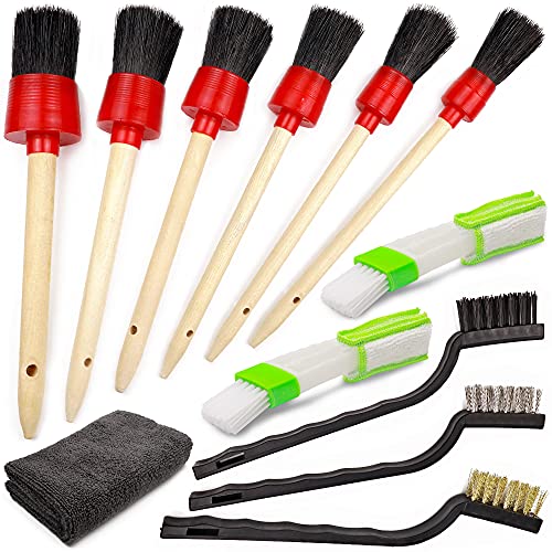 TAKAVU Complete Car Detailing Kit (12pc) - Detail Brushes, Wire Brushes, Vent Duster & Microfiber Towel for Wheels, Interior, Exterior, Engine Bay & Motorcycle Cleaning