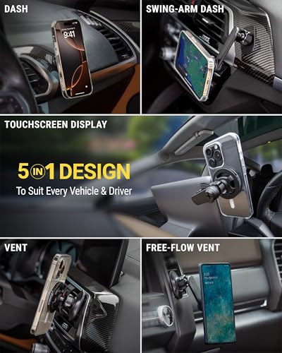 Scosche MagicMount MS 5-in-1 MagSafe Phone Mount for Car Vent, Dashboard and Back of Display for Floating Screens, Hands Free Magnetic Cell Phone Holder Compatible with iPhone 17 16 15 14 13 12