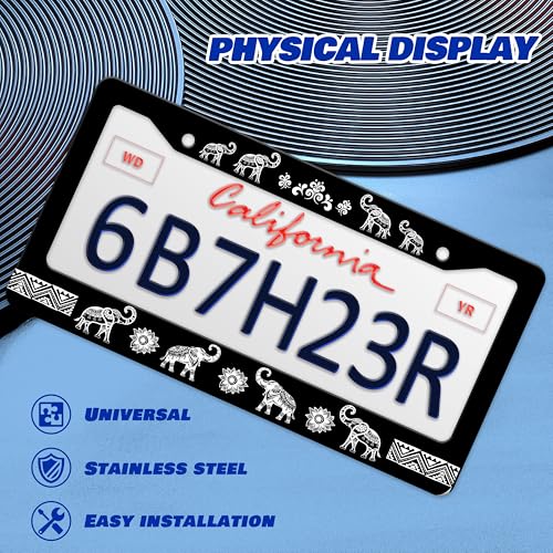 Tribal Elephant License Plate Frame Animal License Plate Holder Personalise Stainless Steel Funny Design Compatible with Standard License Plate Frames for USA Canada 6 X 12 Inch 2 Holes with Screws - color: Tribal Elephant