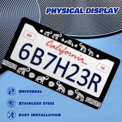Tribal Elephant License Plate Frame Animal License Plate Holder Personalise Stainless Steel Funny Design Compatible with Standard License Plate Frames for USA Canada 6 X 12 Inch 2 Holes with Screws - color: Tribal Elephant