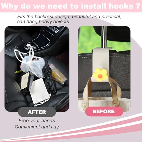 4 PCS Car Headrest Hook, Multifunctional Flower Vehicle Seat Back Storage Hook, Cute Automotive Seatback Organizer Hanger for Purse Grocery Bag Handbag, Universal Fit (Beige/Yellow) - color: Beige/Yellow