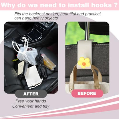 4 PCS Car Headrest Hook, Multifunctional Flower Vehicle Seat Back Storage Hook, Cute Automotive Seatback Organizer Hanger for Purse Grocery Bag Handbag, Universal Fit (Beige/Yellow) - color: Beige/Yellow