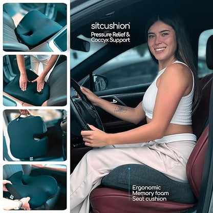 SitCushion Car Seat Cushion for Long Driving – X Large Memory Foam Seat Cushion for Sciatica & Tailbone Pain Relief, Orthopedic Coccyx Cushion with Non-Slip Bottom, Back Pillow for Car, Truck (Black)