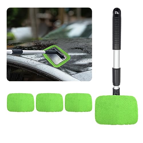 Ziciner Car Windshield Cleaner, Microfiber Auto Cleaning Wiper with Aluminum Extendable Handle and 2 Washable Reusable Cloth Pad Head, Universal Vehicle Interior Exterior Cleaner Kit (Green-Rectangle) - size: Green-rectangle