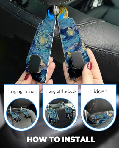 WOCOCN 2 Pack Car Purse Hook for Car Seat Headrest, Double-Sided PrintingPU Leather Purse Holder with Metal Hook, Cute Car Accessories for Women, Men (Car hook - Starry Sky Mountain A) - color: Car hook - Starry Sky Mountain A