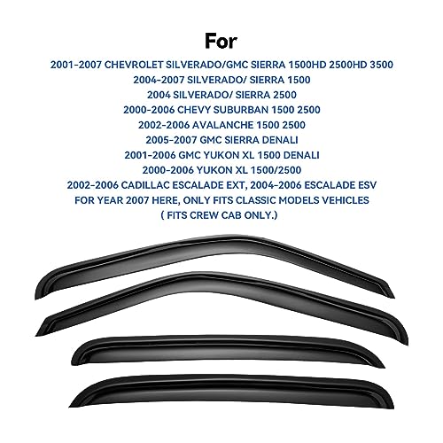 Window Visors Rain Guards for 2001-2007 Chevy Silverado/GMC Sierra, Window Vent Wind Deflectors Visors Shades for 2000-2006 Suburban/Yukon XL, 2002-2006 Avalanche/Cadillac Escalade - Crew Cab - size: 2001-2007 Silverado/Sierra Crew Cab