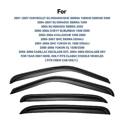 Window Visors Rain Guards for 2001-2007 Chevy Silverado/GMC Sierra, Window Vent Wind Deflectors Visors Shades for 2000-2006 Suburban/Yukon XL, 2002-2006 Avalanche/Cadillac Escalade - Crew Cab - size: 2001-2007 Silverado/Sierra Crew Cab