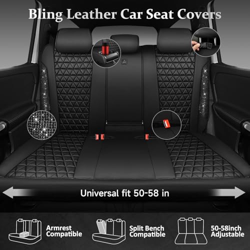 CAR PASS Bling Back Seat Cover, Waterproof Leather Bench Rear Seat Cover Shining Diamond Truck Glitter Crystal Sparkly Rhinestone Universal Fit Armrest Automotive Kid Women Girl, Black Diamond - color: Black Rear, size: Rear Seats