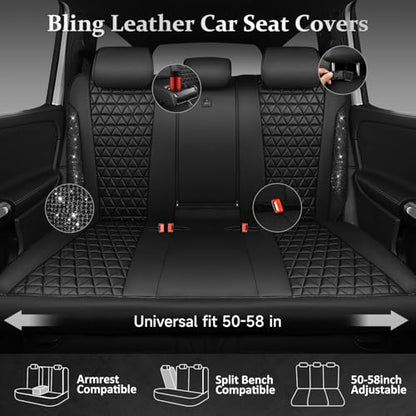 CAR PASS Bling Back Seat Cover, Waterproof Leather Bench Rear Seat Cover Shining Diamond Truck Glitter Crystal Sparkly Rhinestone Universal Fit Armrest Automotive Kid Women Girl, Black Diamond - color: Black Rear, size: Rear Seats