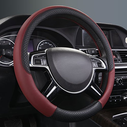 CAR PASS Rhombus Leather Universal Steering Wheel Cover, Fit for Suvs,Trucks,Cars,Sedans,Vans (Black&Burgundy) - color: Black and Burgundy, size: Standard[14.5"-15"]