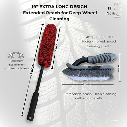 Car Wheel Brush & Wheel Barrel Brush Kit – 19" Soft Non-Scratch Microfiber Rim + Stiff-Bristle Scrubber for Tires, Rubber Mats & Motorcycles – Tire Brushes for Cleaning Tires
