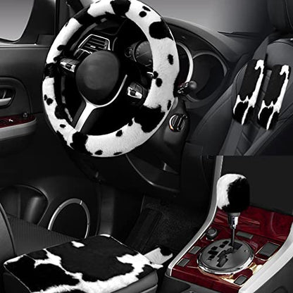 6PCS Set car Interior Aesthetic Accessories, Fluffy Cute Cows Steering Wheel Cover, armrest pad, seat Belt Cover,Gear Shift Cover, Fit Girly car - color: cows