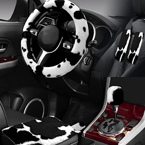 6PCS Set car Interior Aesthetic Accessories, Fluffy Cute Cows Steering Wheel Cover, armrest pad, seat Belt Cover,Gear Shift Cover, Fit Girly car - color: cows