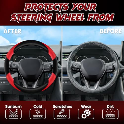 Soft Leather Steering Wheel Cover with Breathable Design and Anti-Slip Grip, Specially Designed for 14.5-15.2 inch Circular Steering Wheels - color: DOUBLE-RED