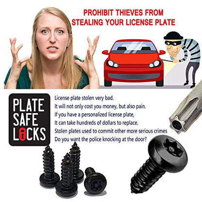 AOOTF Black Anti Theft License Plate Screws - Stainless Steel Mounting Hardware Kit for Front/Rear, M6 Security Screws, Caps, Plug-in Fasteners, Rattle Proof Pads - color: Self Tapping Screws-Black