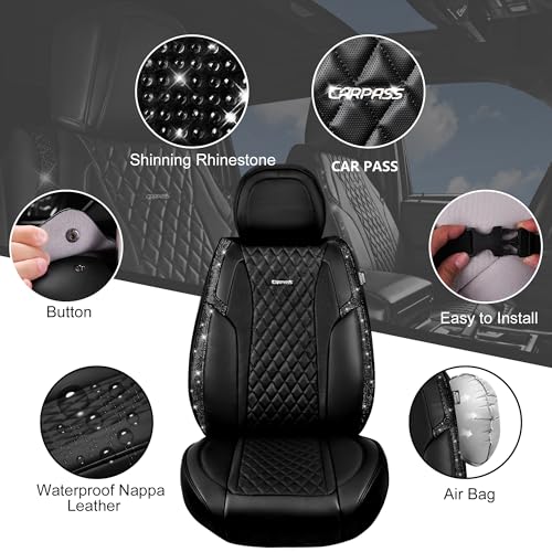 CAR Pass Bling Car Seat Covers, Microfiber Nappa Leather Luxury Cushioned, Waterproof Heavy-Duty Anti-Slip Universal Fit for Auto SUV Sedan, Sparkly Glitter Shining Rhinestone Full Set, Black Diamond - color: Black Diamond, size: Full Set