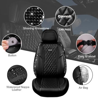 CAR Pass Bling Car Seat Covers, Microfiber Nappa Leather Luxury Cushioned, Waterproof Heavy-Duty Anti-Slip Universal Fit for Auto SUV Sedan, Sparkly Glitter Shining Rhinestone Full Set, Black Diamond - color: Black Diamond, size: Full Set