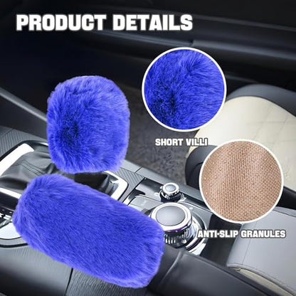 Hovom 2PCS Fluffy Car Gear Shift Knob Cover & Handbrake Cover, Soft Plush Hand Brake Handle & Gear Shift Cover for Women Girls, Universal Comfortable Warm Furry Car Accessories (Royal Blue) - color: Royal Blue