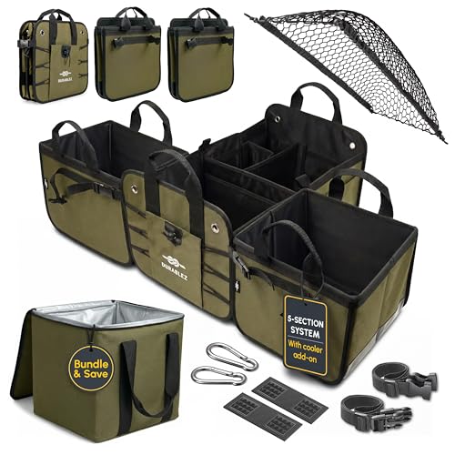 5-Section Extra Large Trunk Organizer – Heavy Duty 1680D Oxford, Collapsible & Foldable Car Cargo Organizer, Modular Multi-Shape Storage System for SUV, Truck, Van – Military Green - color: green, size: 5-section XXXL