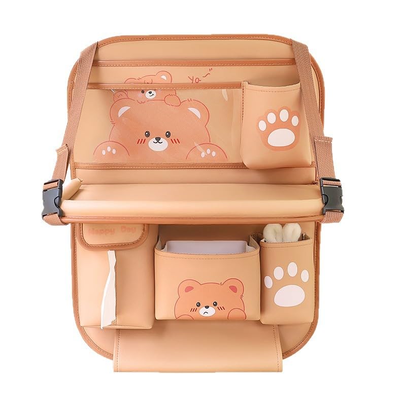 Car Organizer for Back Seat - Bear Design Storage Bag with Multi-Pockets, Kick Mat, Cup Holder, Trash Can, Table & Phone Holder | PU Leather, Waterproof, Easy Clean Car Accessories