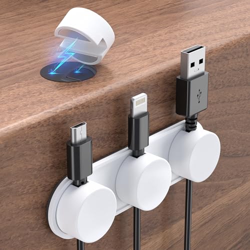 Magnetic Cable Organizer, 4+1 Set, White, Wire Holders for Office Desk Laptop USB Charging Cable Nightstand Phone Cord Organization - color: White, size: 4 Clips + 1 Strip