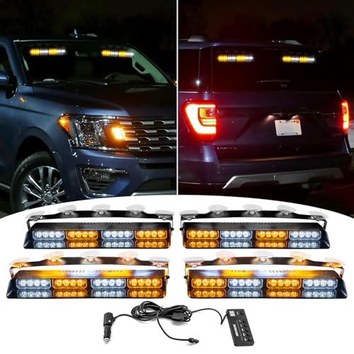 Wsays 4Pcs 16 LED 2''x 14'' White Amber Dash Strobe Light w/Controller and Wiring Harness and Suction Cup Windshield Interior Warning Light Bar Compatible with Trucks Pickup SUV Boat Vehicle