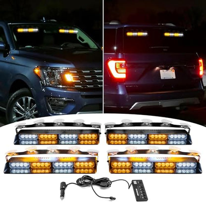 Wsays 4Pcs 16 LED 2''x 14'' White Amber Dash Strobe Light w/Controller and Wiring Harness and Suction Cup Windshield Interior Warning Light Bar Compatible with Trucks Pickup SUV Boat Vehicle