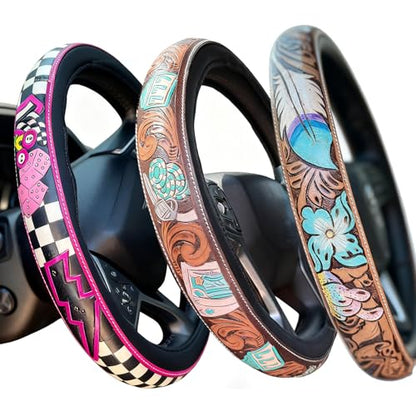 Western Cowboy Steering Wheel Cover Leather, Retro Car Tooled Leather Steering Wheel Cover, Embossed Hand-Painted Universal Anti-Slip - color: J Color
