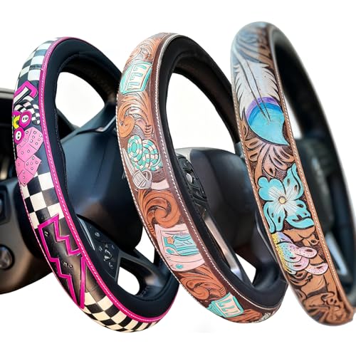 Western Cowboy Steering Wheel Cover Leather, Retro Car Tooled Leather Steering Wheel Cover, Embossed Hand-Painted Universal Anti-Slip - color: A Color